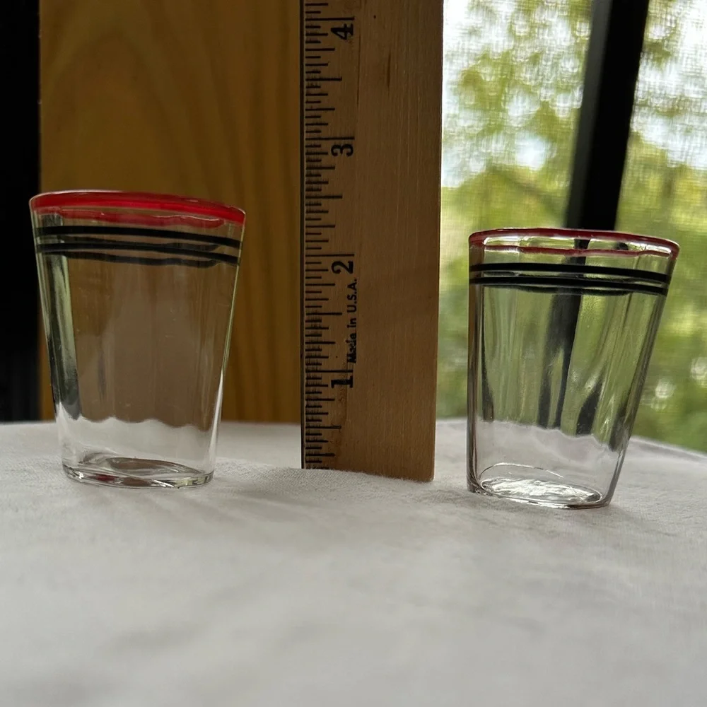 Vintage Nostalgic 1960s Era Matched Red & Black Banded Pair Clear Shot Glasses